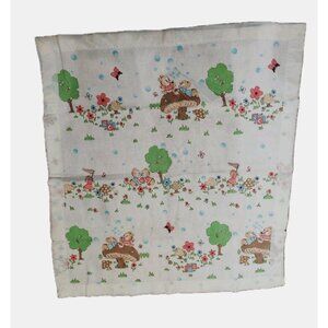 Cannon Mills Satin Trim Baby Blanket Mushrooms Bears Butterflies 41" x 46" Read